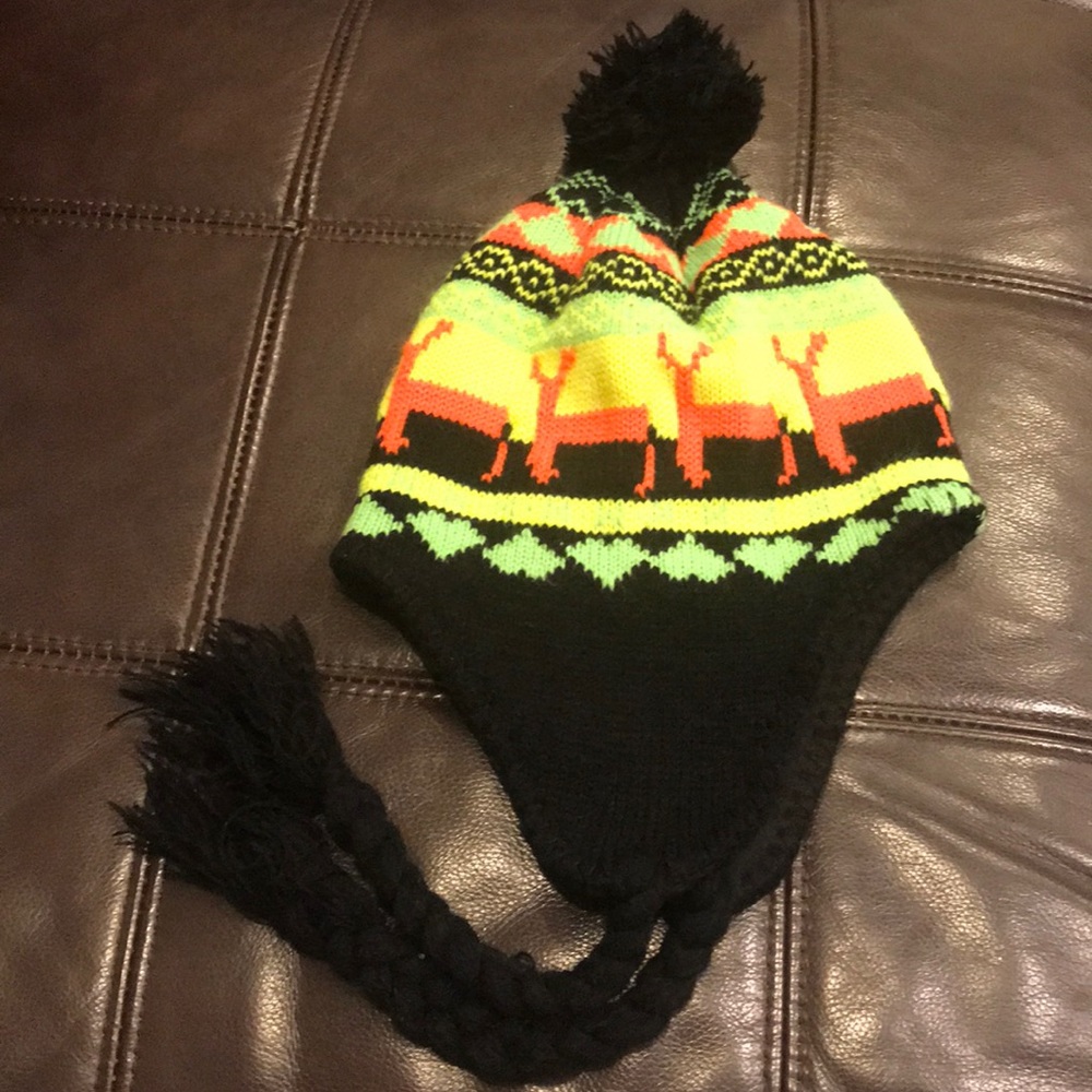 Neon Dear Knit and Fleece Winter Hat w Pom Pom
